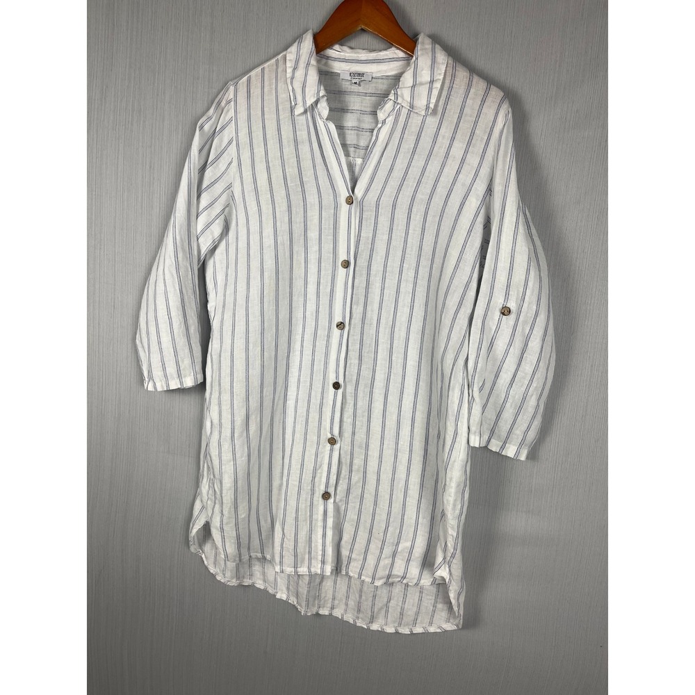 Rosemarine Linen Tunic Women M Blue Striped Button Down Boho Coastal Grandma